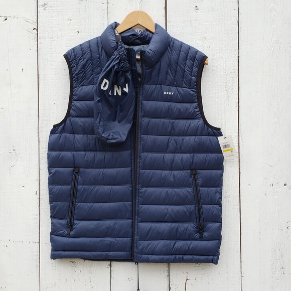 DKNY Mens Packable W Bag Quilted Vest Navy Lightweight, Zip